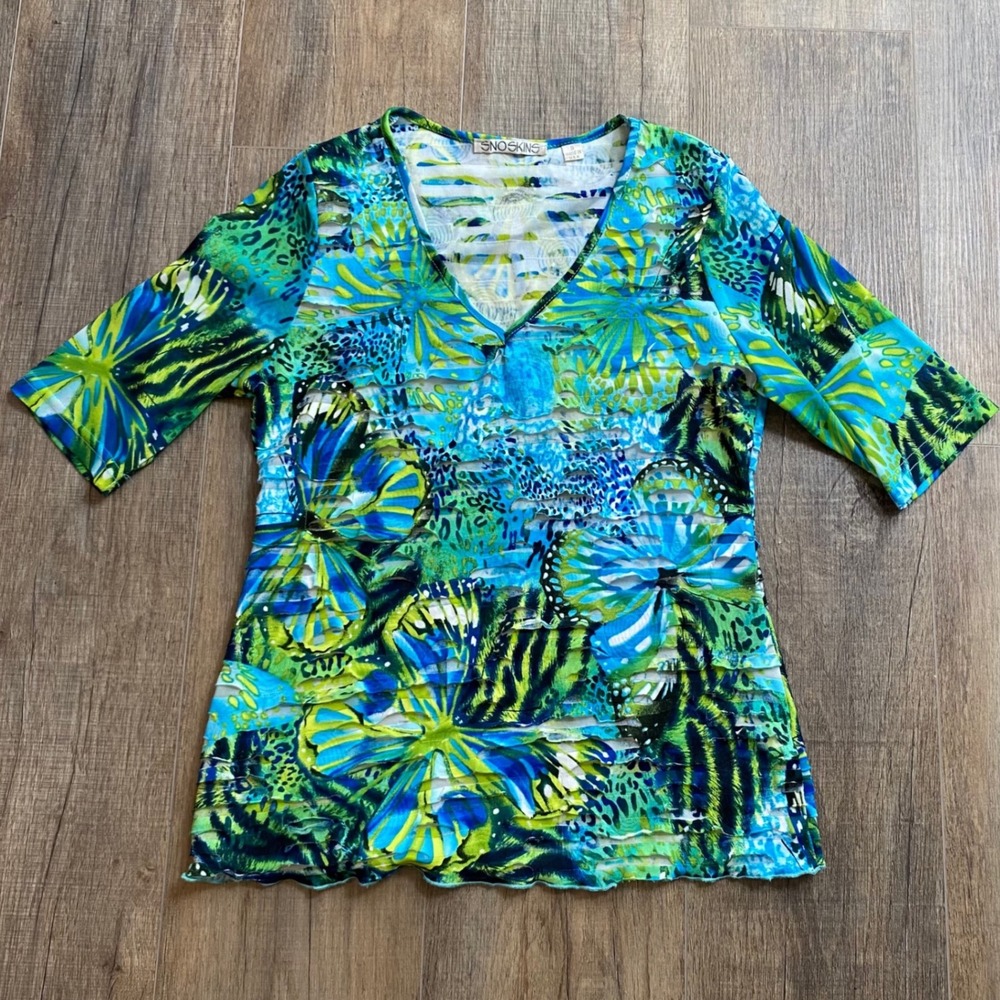 Snoskins Womens Blue Green Tropical Butterfly Animal Print V-Neck Top Small